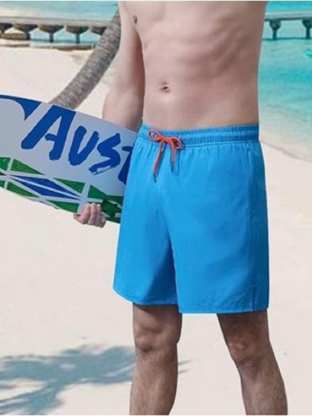 Men’s‎ 35” waist Bright Blue Swim Trunks with Orange Drawstring NEW